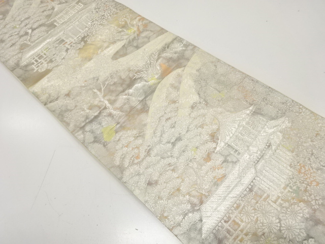 JAPANESE KIMONO / ANTIQUE FUKURO OBI / SILK / WOVEN SCENERY OF TEMPLE